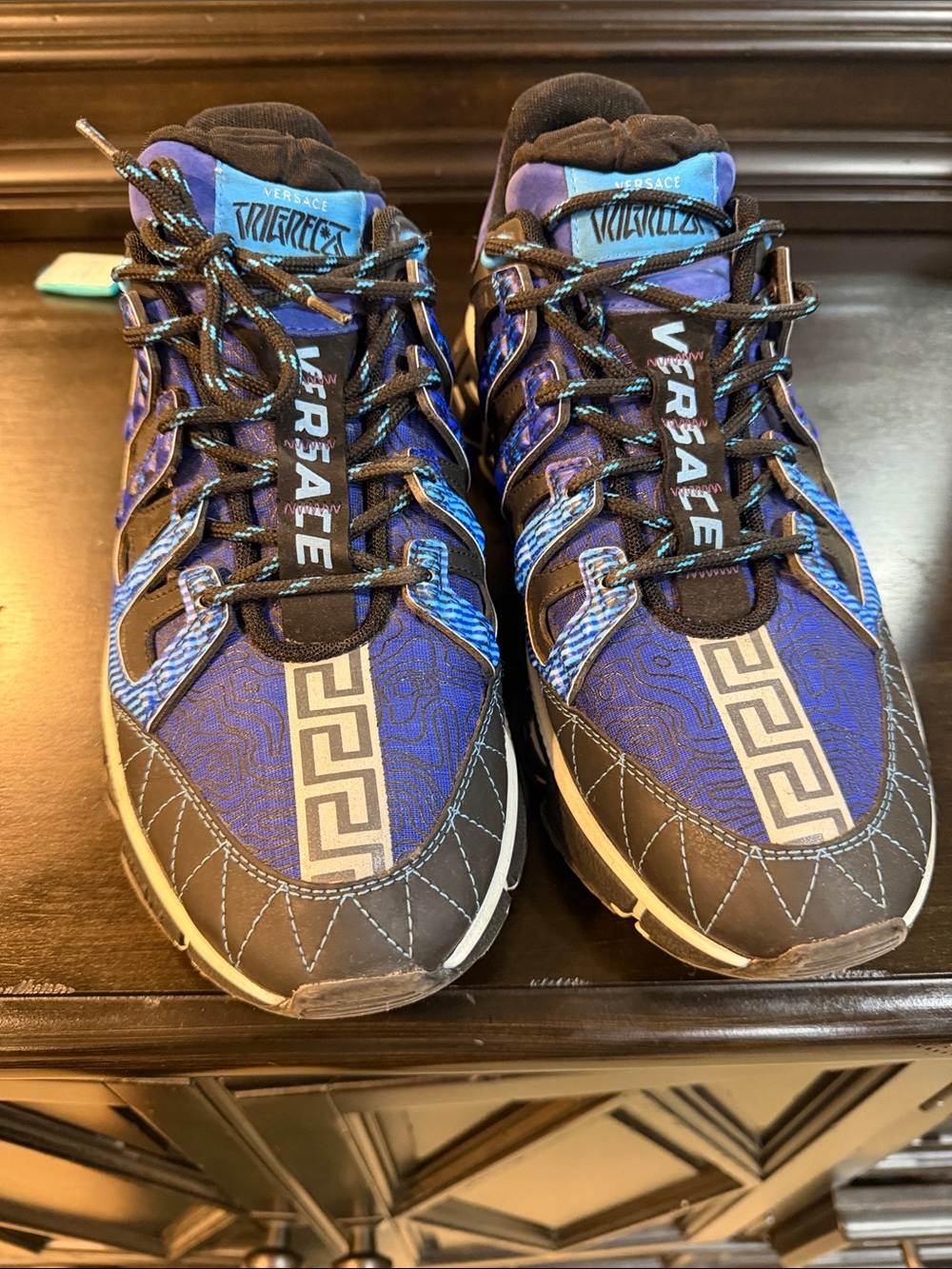 Versace Men’s Blue and Black Trigreca Runner Sneakers with Silver Medusa Stripe